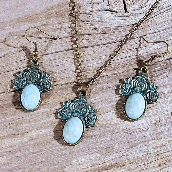 Bronze Rose Flowers Turquoise Blue Stone Chain Necklace Earrings Jewelry Set - Picture 1 of 12